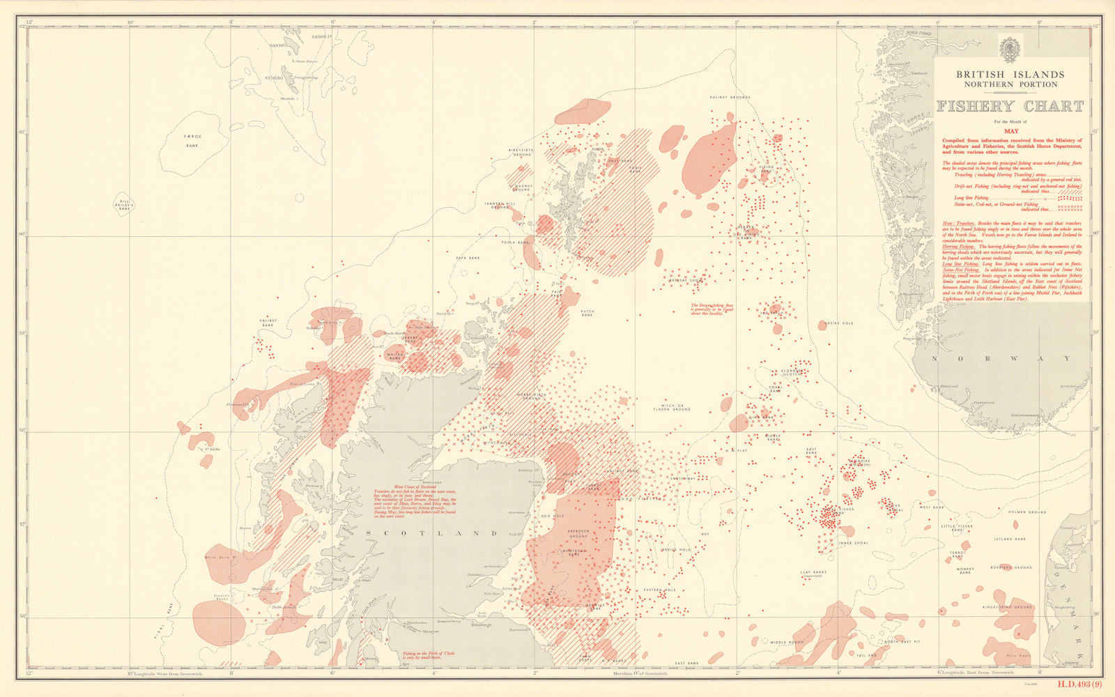 British Isles North May Fishery Chart Scotland North Sea Atlantic 1953 old map